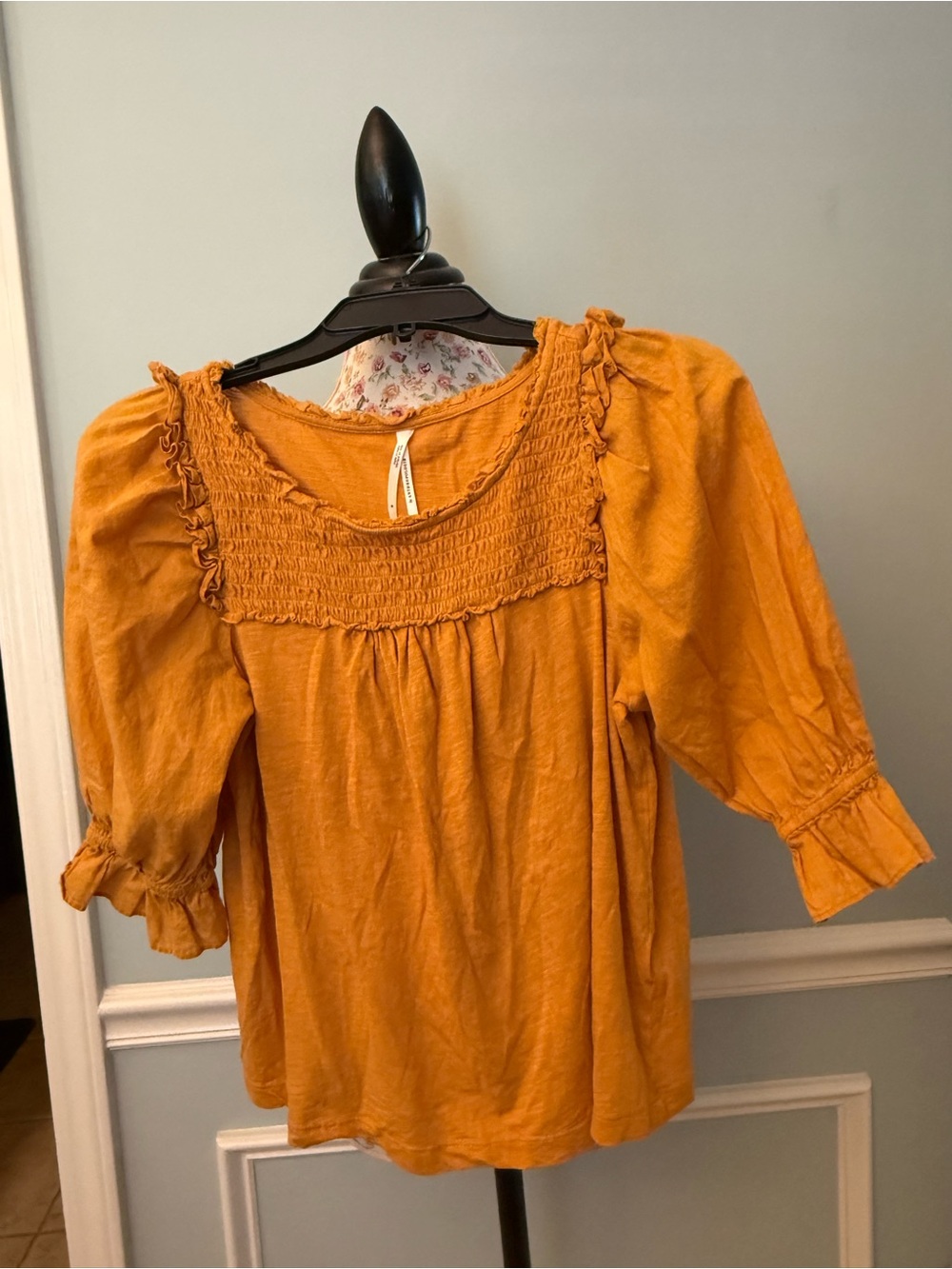 Anthropologie mustard yellow smocked top with puffed sleeves. Medium